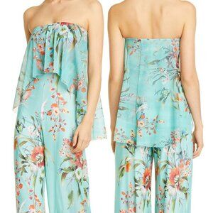 NEW NWT FUZZI strapless Blue Pastel Floral wide leg Palazzo jumpsuit Size Small